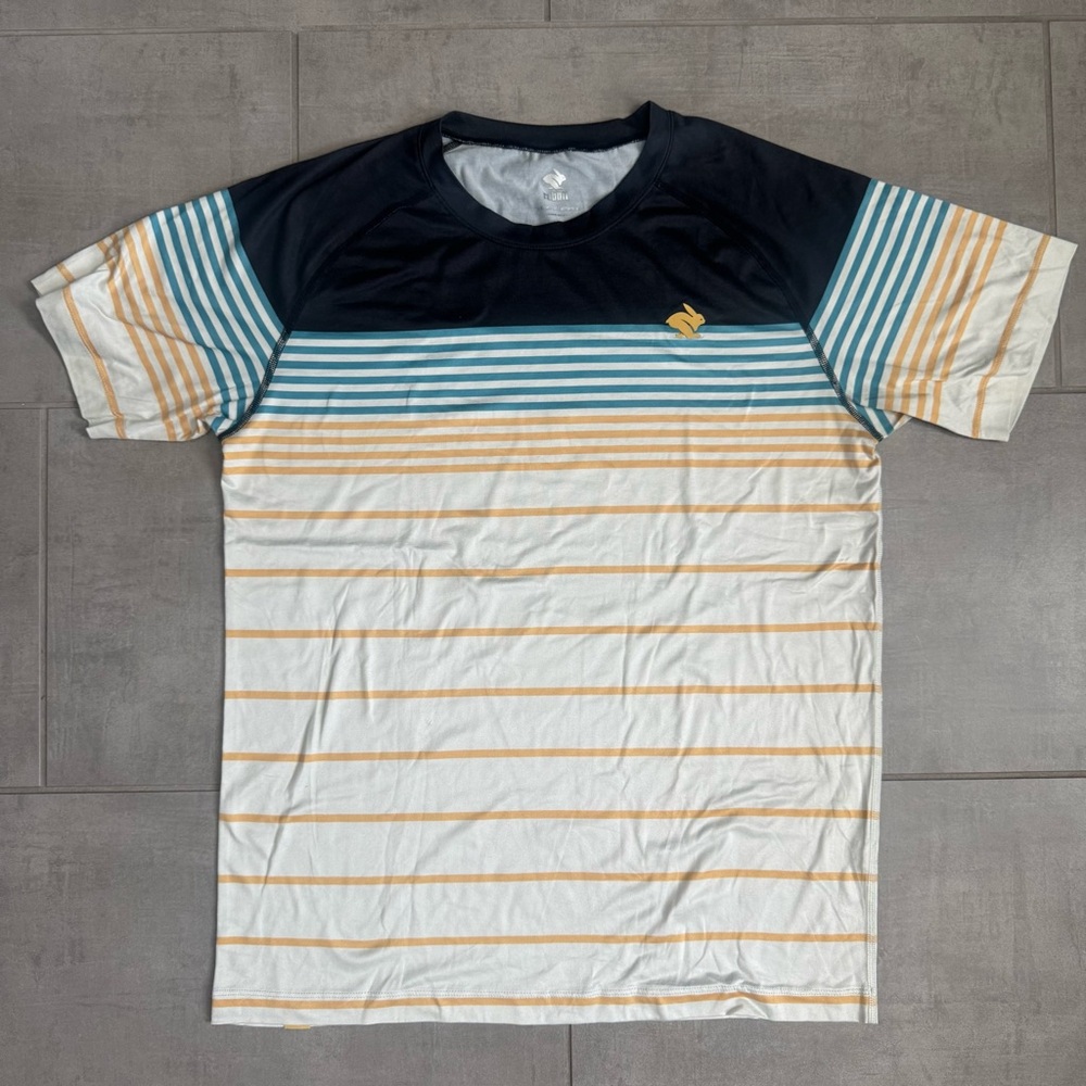 Rabbit Mens Large Striped Athletic Crewneck T-Shirt in Navy, Teal & White